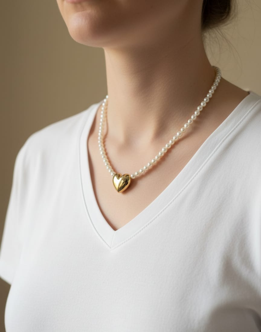 Golden heart pearl necklace